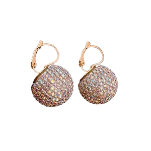 Elegant gold lever-back earrings with colorful rhinestones on a spherical dangle charm
