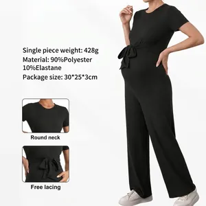 Maternity Ribbed Knit Jumpsuit Short Sleeve Round Neck High Waist Adjustable Tie Belt Wide Leg Butt Lifting Romper