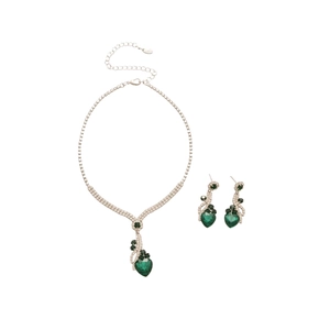 Elegant silver jewelry set featuring green heart gemstones and sparkling floral crystals