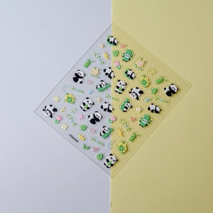 Macro detail of 3D panda nail stickers showing cute cartoon patterns and embossed texture