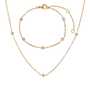 Minimalist gold necklace and bracelet jewelry set with inlaid crystal round balls