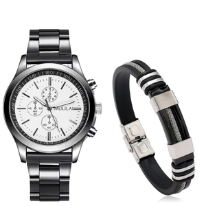 Coffret montre quartz homme et bracelet avec bracelet noir et cadran blanc épuré