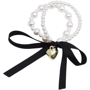 Sweet pearl bracelet with black ribbon bow and golden heart charm in Korean style