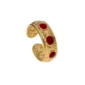 Vintage 18K gold plated stainless steel open ring with red enamel and geometric relief