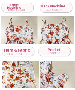 Detail showing the floral dress neckline, invisible side pocket and hem stitching quality