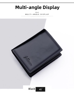 Close-up of black oil wax leather wallet featuring embossed logo and durable stitching