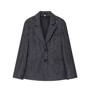 Giacca blazer da donna a spina di pesce grigio scuro con orlo svasato e chiusura a due bottoni