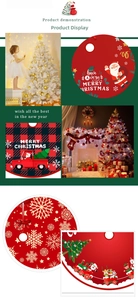 Detailed views of various creative Christmas tree skirts with classic holiday patterns