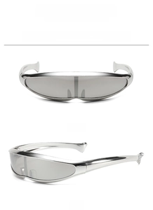 Front and side views of silver futuristic Y2K wraparound sports sunglasses with metallic finish