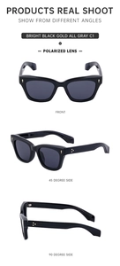 Polarized sports sunglasses in glossy black and gold frame with grey lenses from multiple angles