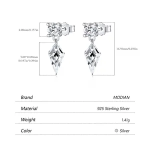 Elegant S925 sterling silver kite-shaped crystal drop earrings with minimalist geometric design