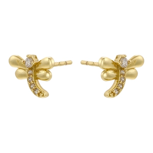 Golden dragonfly stud earrings with sparkling clear cubic zirconia on white background