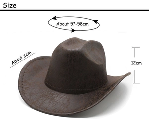 Detail view of brown suede cowboy hat showing dimensions 57-58cm head girth and 8cm brim