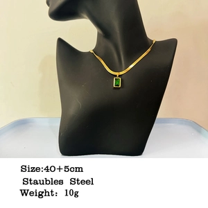 Gold stainless steel snake chain necklace featuring a rectangular emerald zircon pendant