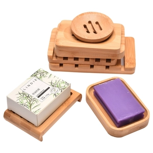 Bamboo soap dish set with rectangular and round drainage trays and tea tree oil soap bar
