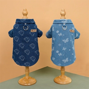 Pet Denim Shirt Cotton Jean Jacket With Bear Butterfly Print Metal Buttons Leash D-Ring For Small Medium Dogs Cats