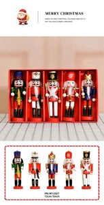 Detailed view of 5-piece 13cm wooden nutcracker soldier set in festive red gift box