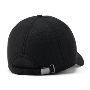 Detail of herringbone texture fabric and metal buckle on back of winter baseball cap