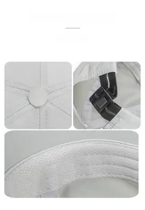 Detail view of adjustable black buckle strap and sweatband on light grey quick-dry hat