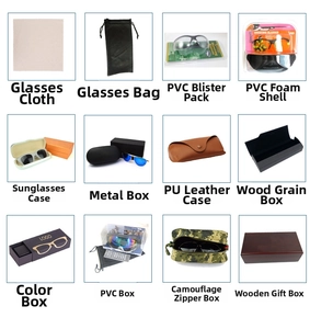 Selection of dog sunglasses packaging options including pouches, hard cases and gift boxes
