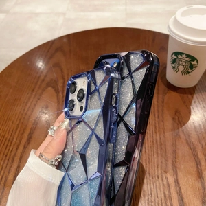 Glittering geometric diamond pattern case for iPhone with electroplated finish in blue and black