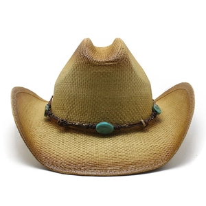 Classic western spray-painted cowboy straw hat with turquoise beaded band for sun protection