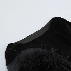 Detail of black velvet dress with mesh splicing and delicate feather embellishments