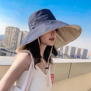 Wide Brim Bucket Hat Cotton Polyester UV Protection Sun Shade Foldable Windproof Rope Double Sided Outdoor Beach Women