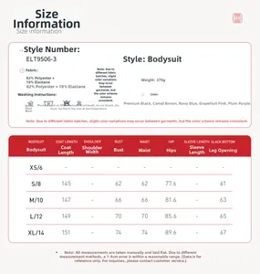 Detailed size chart for women's flared bodysuit with fabric and measurement specs