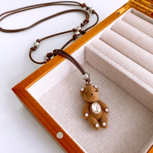 Vintage bear pendant necklace with brown tiger eye beads and adjustable cord chain