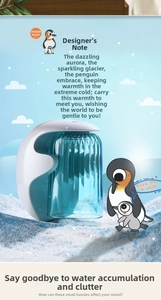 Dettaglio del portaspazzolino magnetico a pinguino con sistema di drenaggio blu