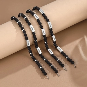 Customized 8mm black lava stone bead bracelet with engraved stainless steel charms