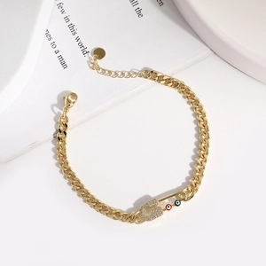 Western Fashion Gold Plated Evil Eye Paperclip Chain Bracelet With Zirconia Inlaid Micro-Pave Adjustable Jewelry For Women