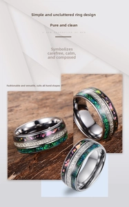 Detail of tungsten ring for men with inlaid opal stone fragments and silver meteorite texture