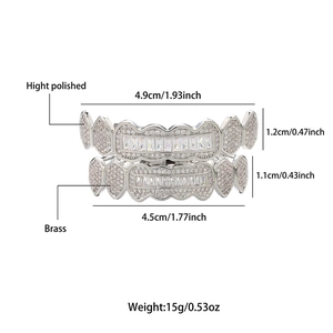 Polished silver brass hip hop grillz set with full diamond accents and size specifications