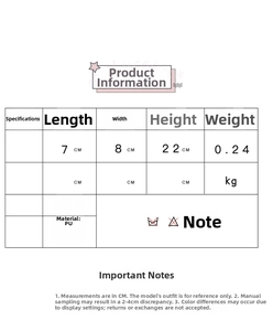 Size chart showing gothic cross bag dimensions 7x8x22cm and PU material details