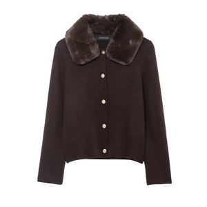 Dark brown knit cardigan with faux fur collar and vintage gold embossed buttons