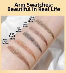 Arm swatches of double-ended eyebrow pencil showing five waterproof shades from brown to grey