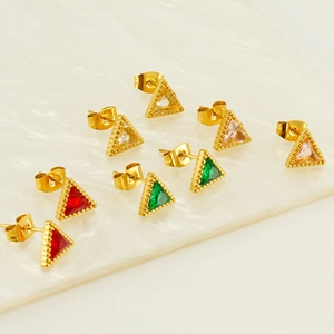 18K gold plated stainless steel triangle stud earrings set with colorful zircon stones