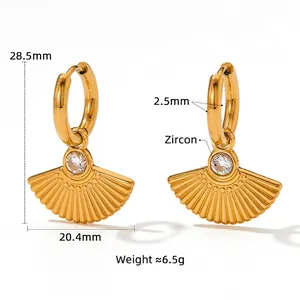 French vintage gold fan-shaped earrings with sparkling zircon and measurement data