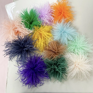 Close-up of colorful ostrich feather brooches in various vibrant fluffy clusters