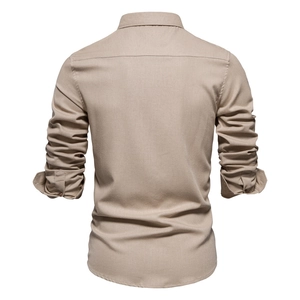 Detail view of khaki long-sleeve shirt back with fine twill texture and collar design