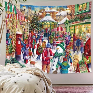 Detaillierter Weihnachtsmarkt-Wandteppich mit festlicher Marktszene an einer Schlafzimmerwand