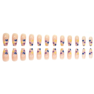 24pcs long ballerina press-on nails with cute colorful hearts on nude pink base