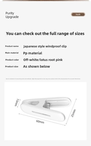 Detailed size chart for windproof clothes pegs showing exact dimensions and PP material