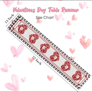 Size chart showing 13x72 inch Valentine's table runner with red rose hearts and love text
