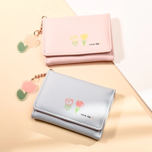 Cute pink and light blue short trifold wallets with tulip prints and nice day charms