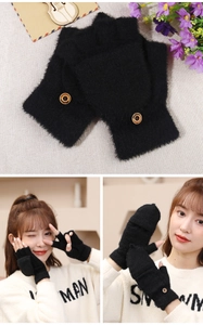 Detail of black fingerless gloves with flip top and brown button for cold weather warmth