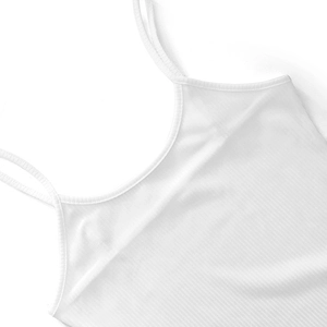 Close-up of white ribbed knit fabric texture and shoulder strap on a slim fit dress