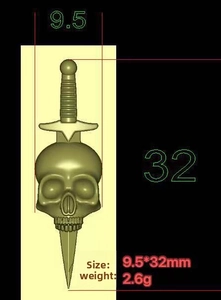 Detailed spec view of the skull dagger pin showing 9.5x32mm size and 2.6g weight